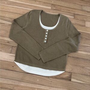 Soft and comfy taupe and white layered henley long sleeve top